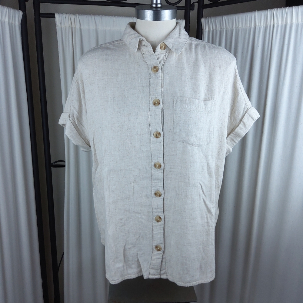 Soft Surroundings Linen Blend Button Down Shirt, Light Tan, Women's‎ Size S